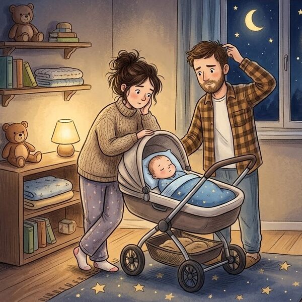 Zasmucona para rodziców patrzy na śpiące w wózku niemowlę w nocy.